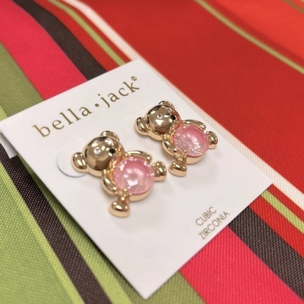Brand New Bella Jack Teddy Bear Post Earring Gold Tone w/ Pink Stone
